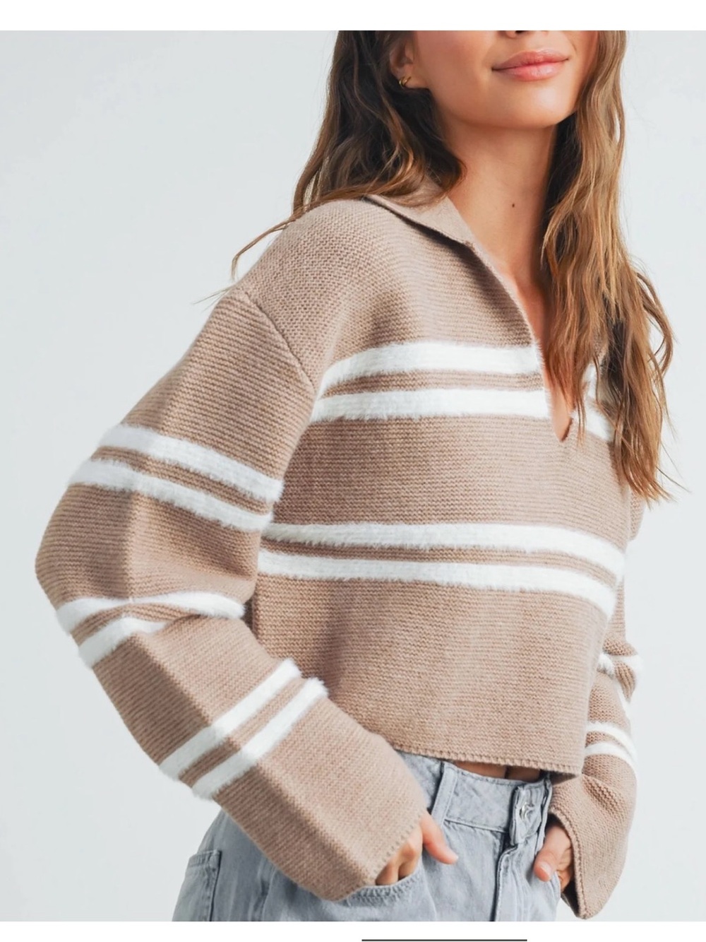 Striped Cropped Sweater - Beige & White